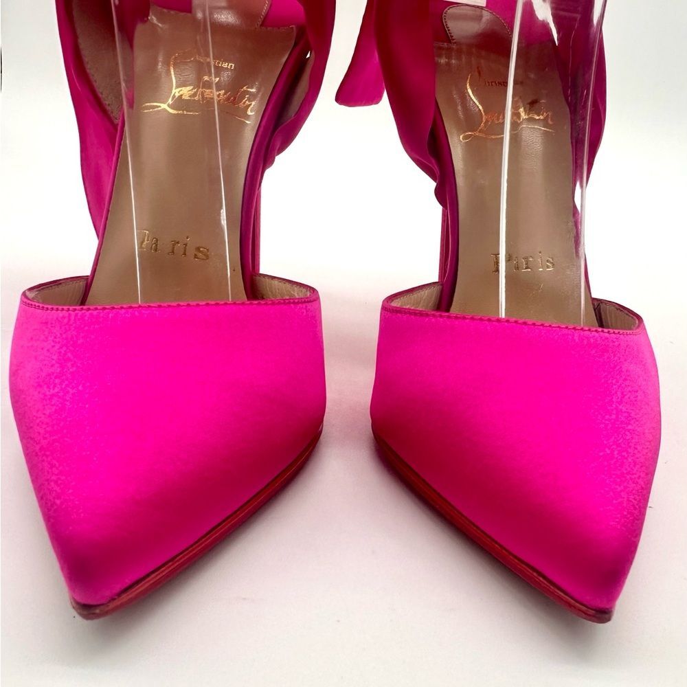 CHRISTIAN LOUBOUTIN Satin Douce Du Desert 100 Heels Rose Pink Ankle Tie EU37 US7 - Picture 11 of 16